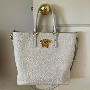 Large Versace Palazzo White Leather Embroidered Tote